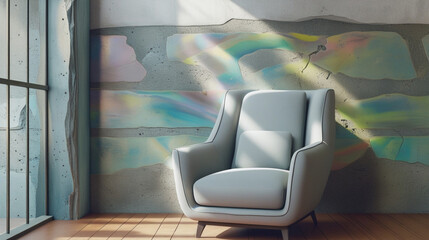 A 3D-rendered stock photo showcases a modern and minimalist living room interior with a gray armchair on a wood floor against a concrete wall
