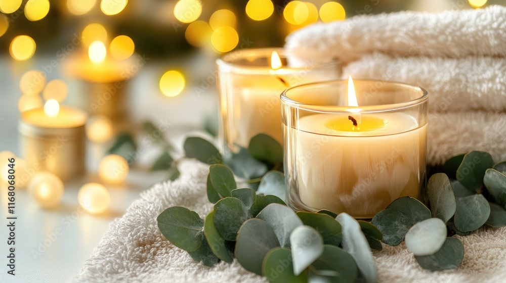 Aufkleber cozy and relaxing atmosphere with scented candles and eucalyptus for a comfortable and warm home set