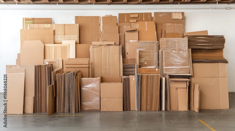 Poster stacked piles of cardboard boxes in a modern warehouse setting, showcasing various sizes and texture