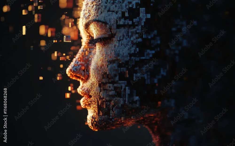 Poster A digital portrait of an AI humanoid composed entirely of pixelated blocks and particles, with closed eyes in contemplation. Ideal for AI, digital art, and futuristic technology visuals