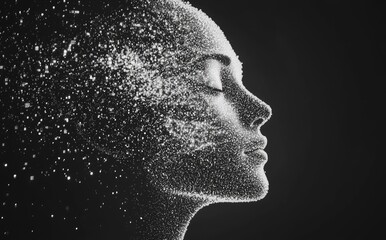 A black-and-white pointillist portrait of a woman in profile, made of particles with some flying around her head, creating an artistic and dynamic representation. Ideal for art, digital portraits