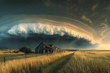 Derelict farmhouse, vast field, dramatic storm clouds.