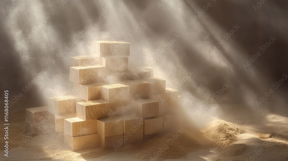 Poster aesthetic display of wooden blocks surrounded by dust and sunbeams, creating a mysterious and dreamy