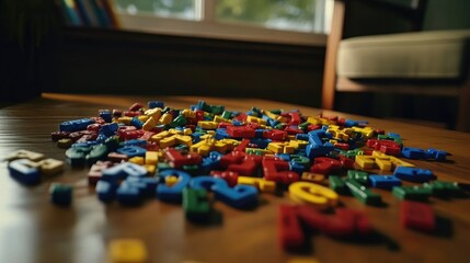 Colorful Plastic Alphabet Letters and Numbers Scattered on a Wooden Table in a Cozy Room with Soft Natural Light and Panoramic Window View