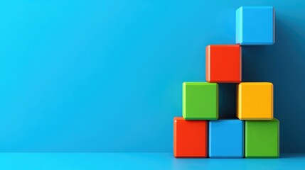 Obraz premium Colorful Building Blocks Stacked Against a Bright Blue Background for Creative Play and Educational Growth in Child Development Activities