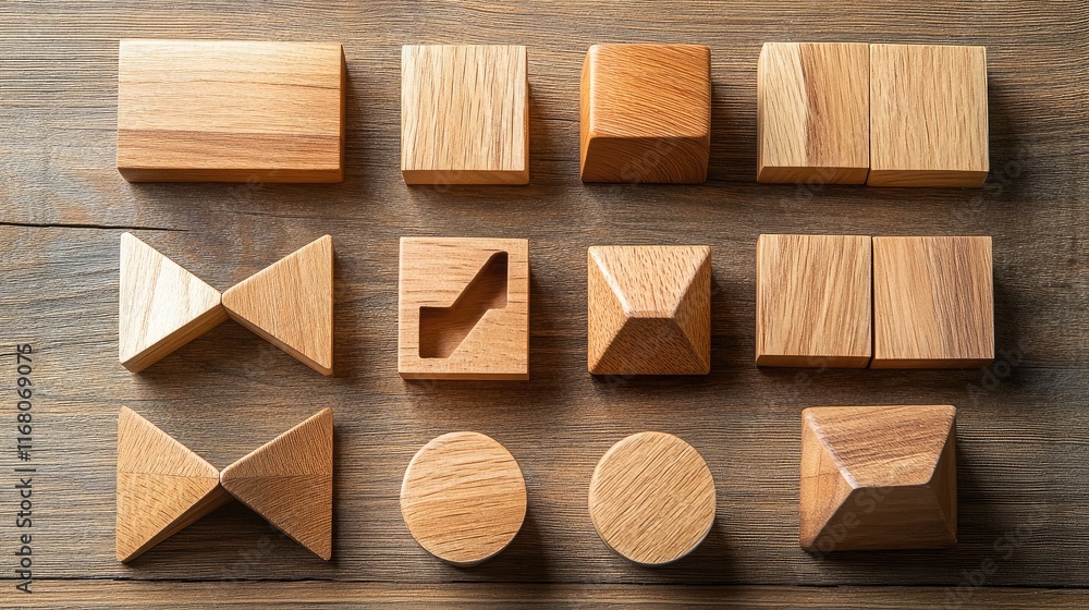 Poster wooden geometric shapes arranged on a rustic wooden surface, showcasing various forms and textures, 