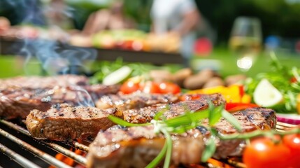 Obraz premium meat being grilled with vegetables on top