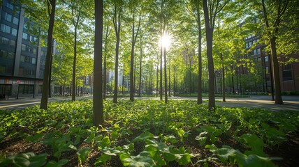 A small forest growing within a city square, urban forestry, blending planning with motivation for eco-conscious living