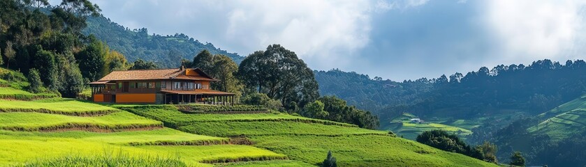 A picturesque hillside terraced farm, harmony with greenery, motivational agricultural planning