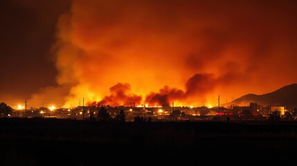 Fototapeta premium Thick plumes of smoke rise from the Mountain Fire, casting an orange glow over the landscape as high winds fan the flames