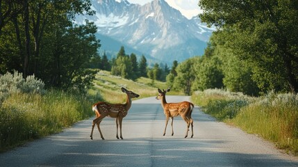 Two deer pausing mid-cross on a tranquil road, with a stunning view of distant Rocky Mountain peaks and lush green meadows.