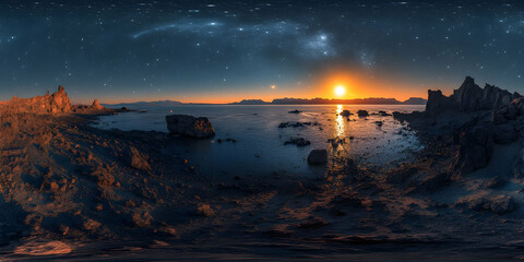 Sunset over a rocky coast under a starry sky.