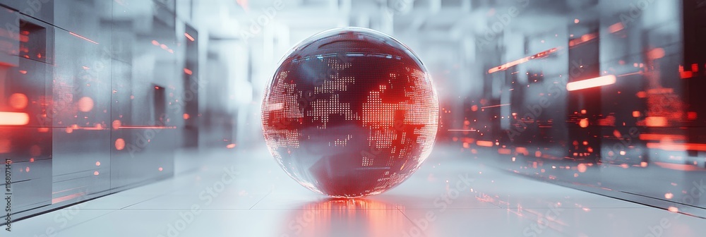 Poster illuminated tech sphere with data flows on white surface - futuristic 3d concept