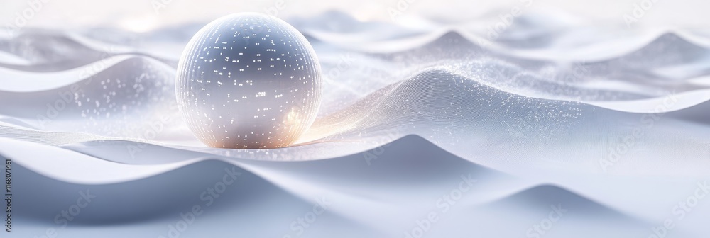 Poster glowing futuristic tech sphere surrounded by data flows on white background