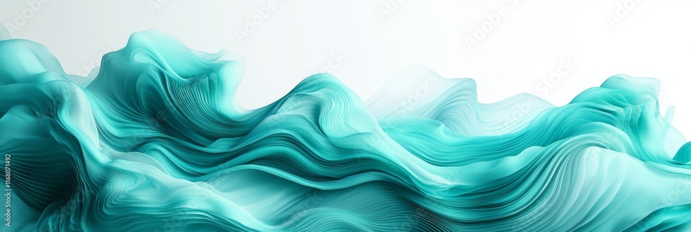 Poster tranquil 3d wave patterns in blue and teal on white background with copy space