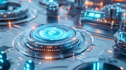 Futuristic 3D Cartoon Technology Hub with Glowing Nodes and Holographic Displays on White Background