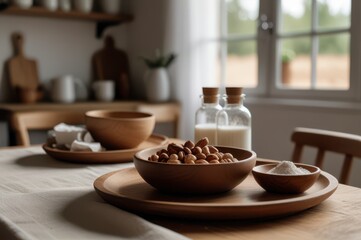 Minimalist food and tea scene wooden table