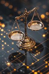 A striking image of the scales of justice set against a futuristic tech background, symbolizing the...