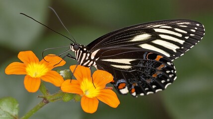 Obraz premium Black and white butterfly on orange flowers.