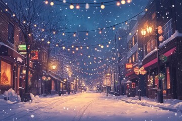 Snowy Christmas Street Scene With Festive Lights