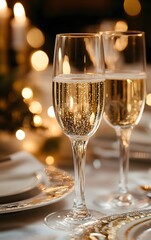 A beautifully set dinner table with champagne glasses elegantly placed, shimmering gold details in the setting for a New Year s Eve toast