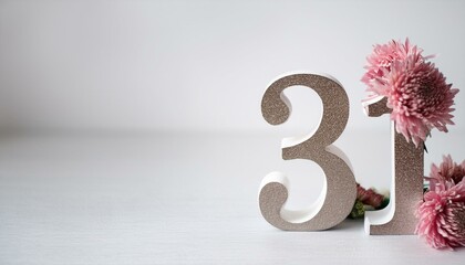 Number 31 with flowers on light backdrop, copy space. Generated image