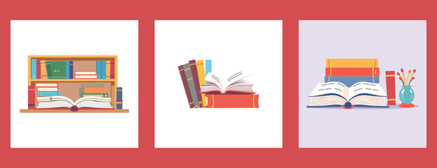 World book day. Various books. Stack of books, standing vertical isolated on a white background. Set of three hand drawn educational vector illustrations