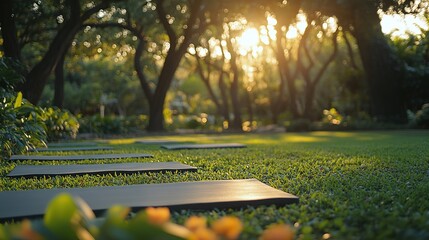 multiple yoga mats neatly laid out on a lush green lawn in a peaceful park