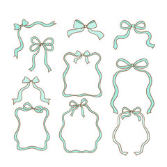 Draw vector illustration teal coquette bow Green ribbon frame Doodle style