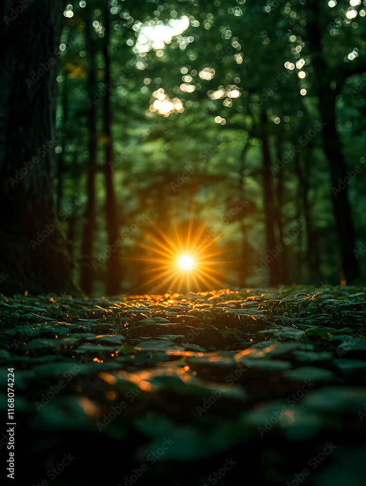 Poster sunset rays through forest trees illuminating ground.