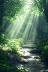 Fototapeta premium Sunlight streaming through a forest path, creating a tranquil and ethereal environment.