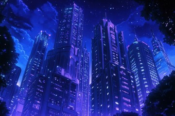 Night Cityscape Illuminated Skyscrapers Towering Above