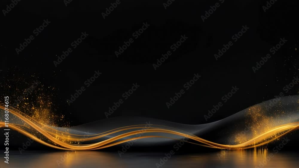 Poster sleek dark background with smooth flowing golden waves and sparkles in motion