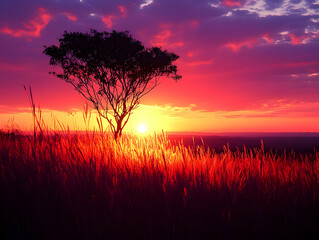 Obraz premium Vibrant sunset over savanna grassland with lone tree silhouetted against fiery sky.