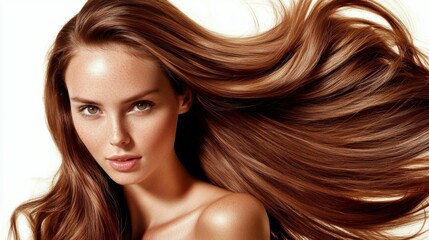 Naklejka premium Model showcasing long flowing hair in studio setting fashion photography beauty and style concept