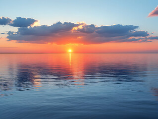 Obraz premium Vibrant sunset over calm ocean water, reflecting colors in the sea.