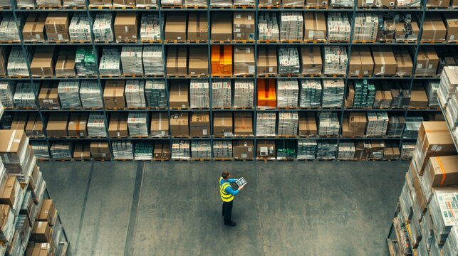 Warehouse inventory management industrial facility photography aisle perspective logistics efficiency