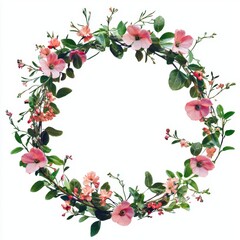 Fototapeta premium Circular Floral Wreath with Pink Flowers and Green Leaves on a White Background