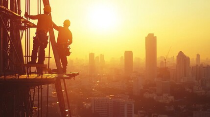Construction workers at sunset urban skyline photography city environment silhouettes labor and...