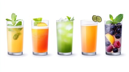Fototapeta premium A variety of colorful, refreshing drinks in clear glasses.