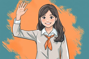 A Smiling Girl Waves Hello in a Gray Uniform