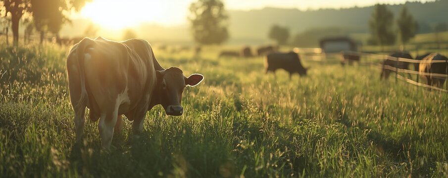 bulls grazing peacefully in a lush green field under the morning sun.