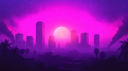 Pink neon city skyline at night with full moon.