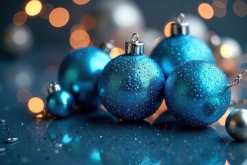 Shimmering blue baubles, ornate details, reflective backdrop, ball, christmas tree decoration