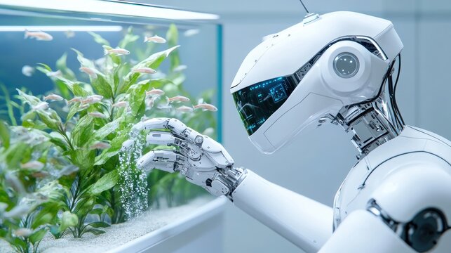 A robot interacting with a fish tank filled with aquatic plants.