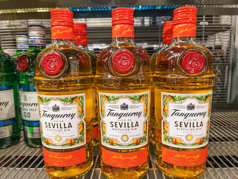 Tanqueray Sevilla Gin Bottles on Retail Shelf