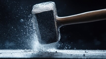 A close-up of a hammer striking a surface, creating dust and debris.