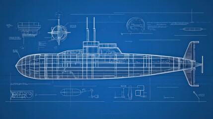 Fototapeta premium Blueprint of a submarine showing detailed design and engineering specifications.