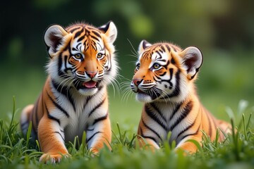 Obraz premium Adorable Tiger Cubs in a Lush Green Field, Perfect for Nature and Wildlife Lovers