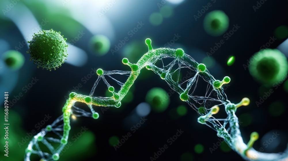 Aufkleber visualization of dna structure amidst microorganisms and particles.